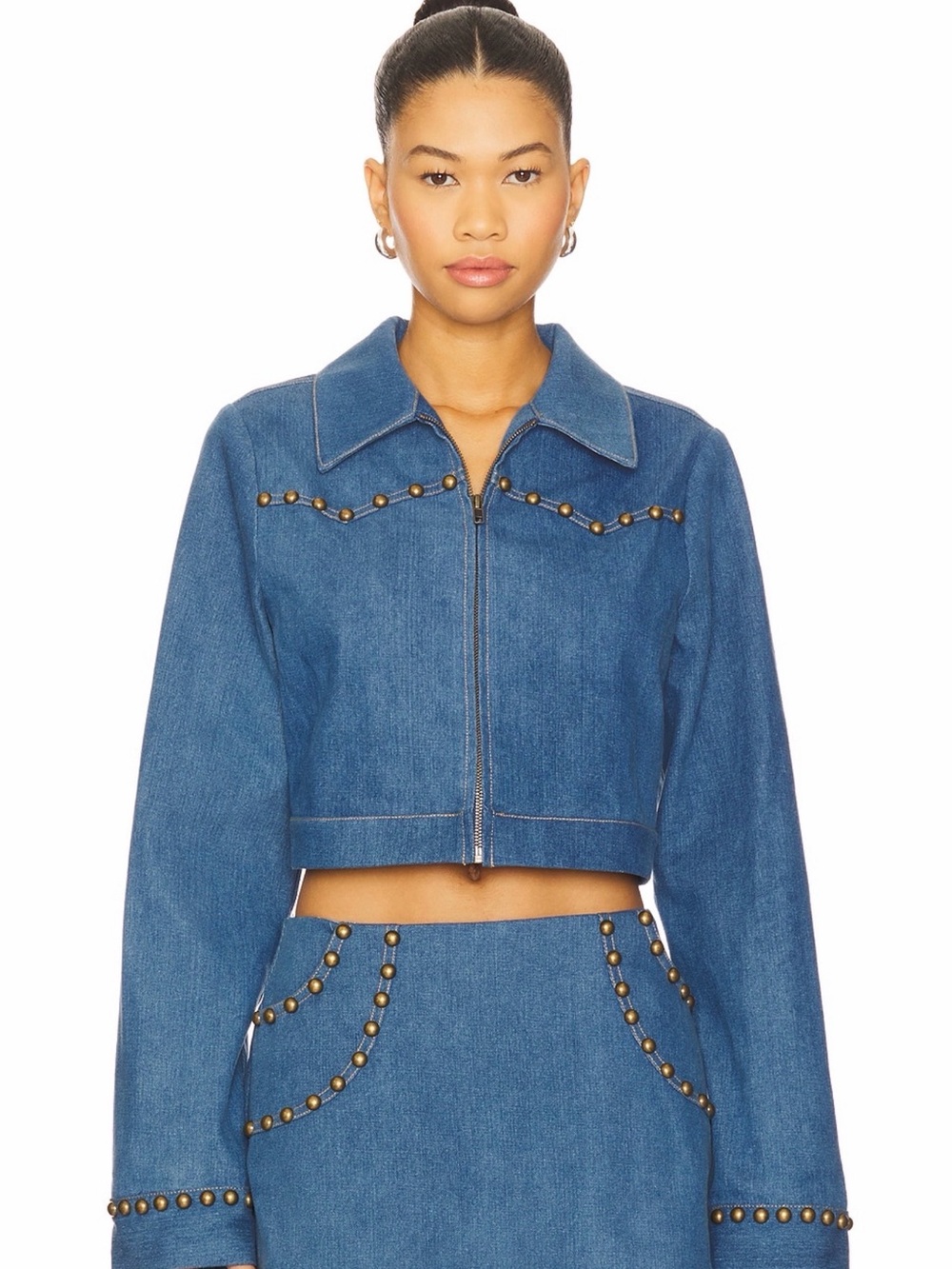 Lovers + Friends Blue Studded Cropped Denim Jacket and skirt